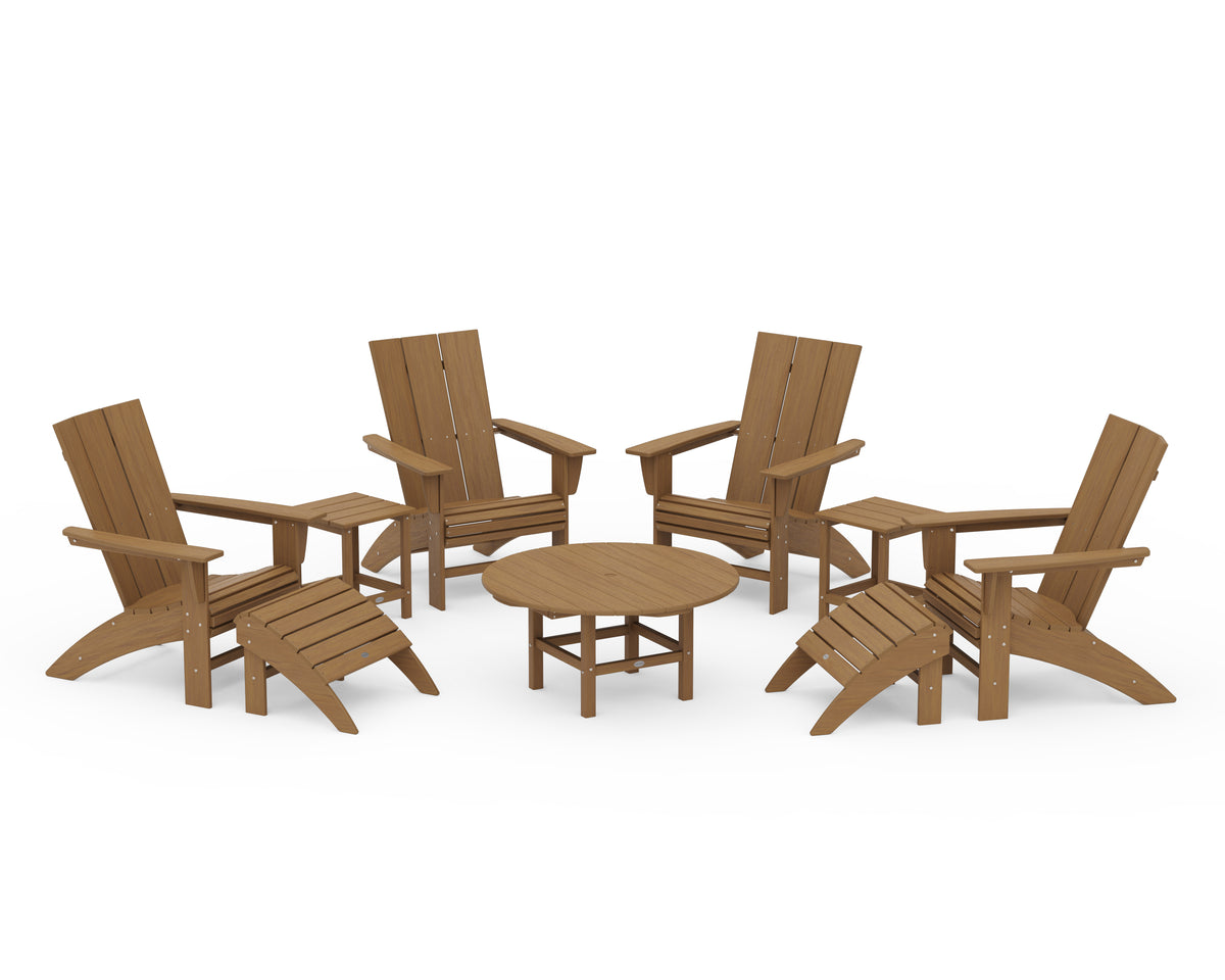 POLYWOOD Modern Curveback Adirondack Chair 9-Piece Conversation Set in Natural