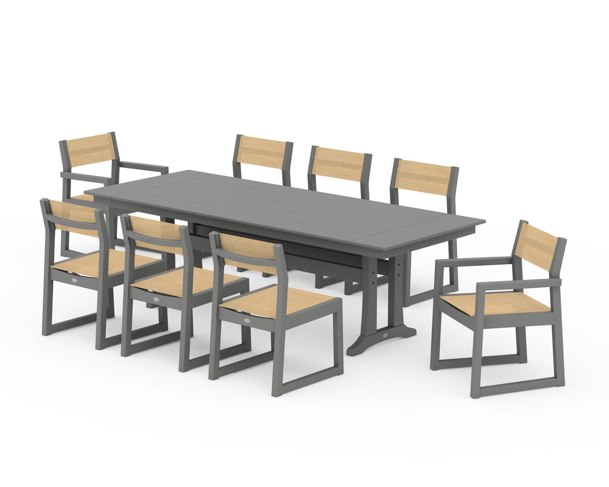 POLYWOOD EDGE Sling 9-Piece Farmhouse Trestle Dining Set in Slate Grey / Dupioni Apricot