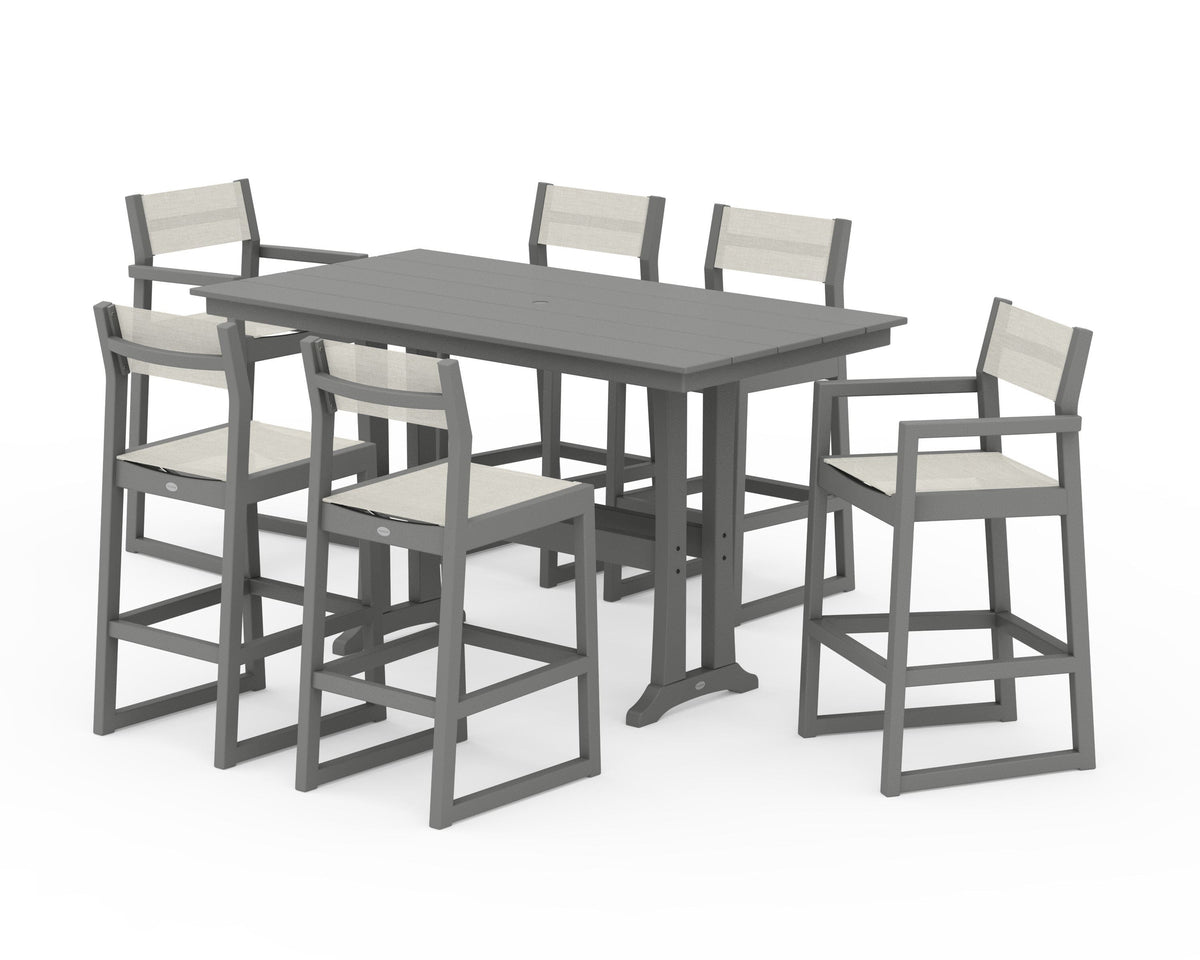 POLYWOOD EDGE Sling 7-Piece Farmhouse Bar Set with Trestle Legs in Slate Grey / Parchment