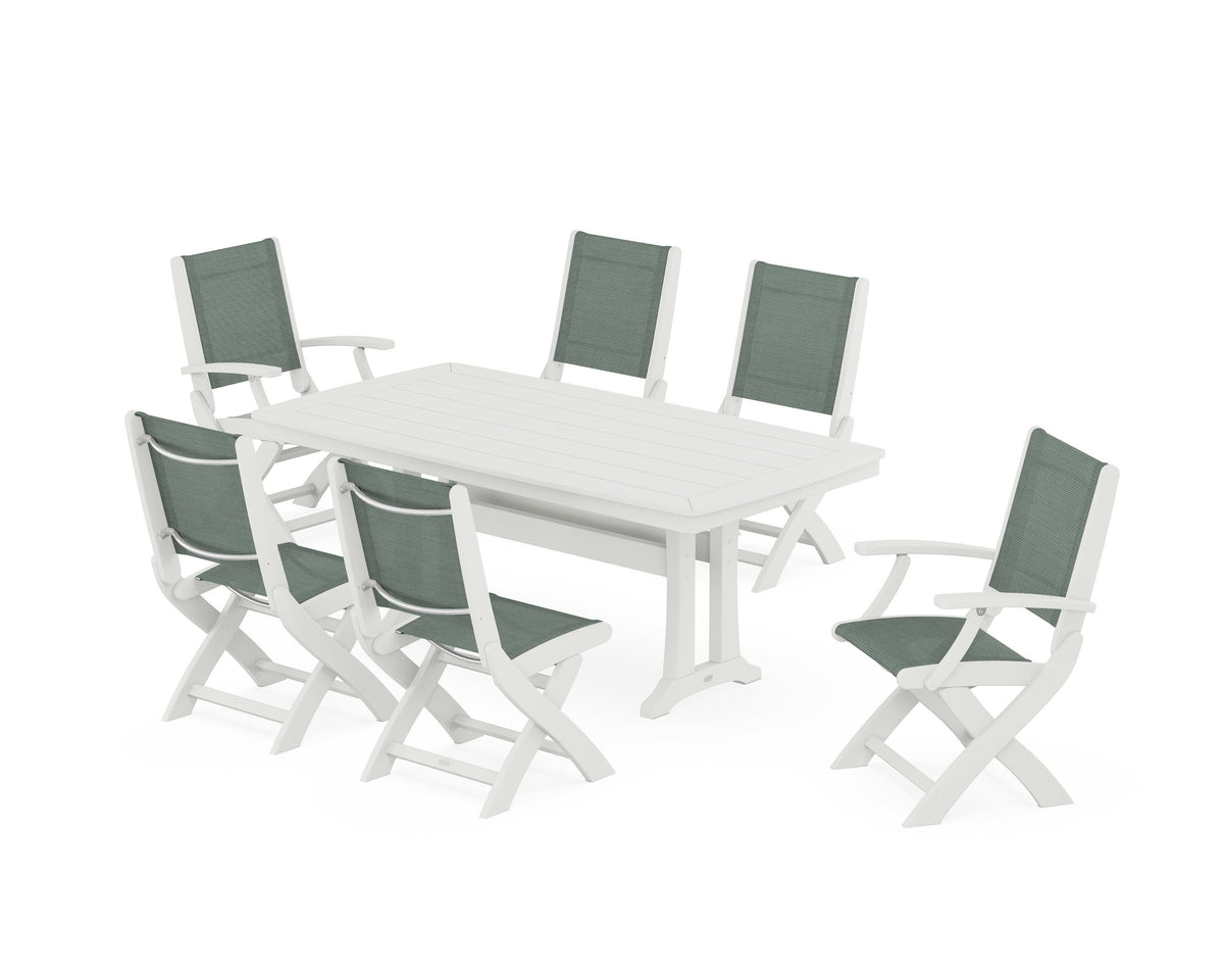 POLYWOOD Coastal Folding Chair 7-Piece Dining Set with Trestle Legs with Nautical Trestle 38" x 73" Dining Table in Vintage White / Dupioni Sea Mist
