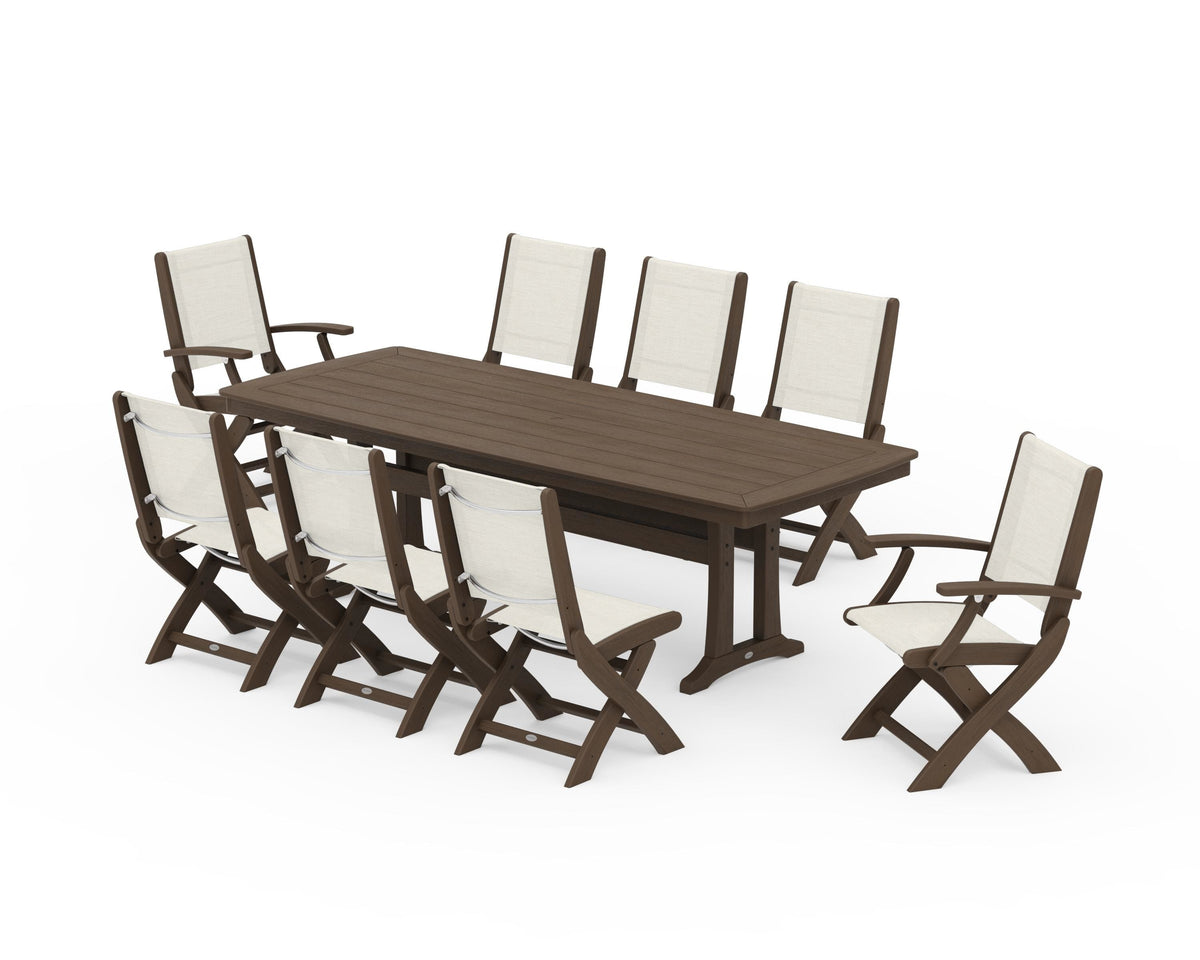 POLYWOOD Coastal Folding 9-Piece Dining Set with Trestle Legs in Kona / Parchment