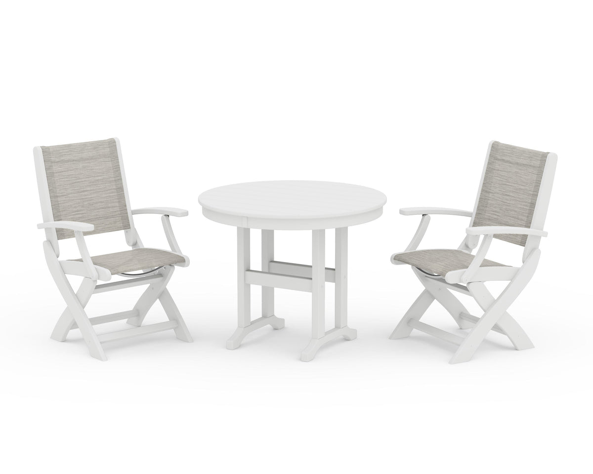 POLYWOOD Coastal Folding Chair 3-Piece Round Dining Set in White / Birch