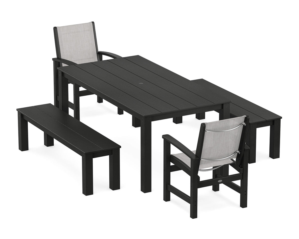 POLYWOOD Coastal 5-Piece Parsons Dining Set with Benches in Black / Parchment