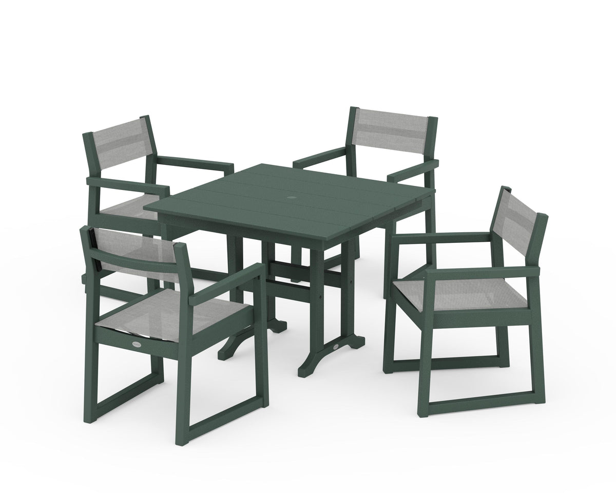 POLYWOOD EDGE Sling Arm Chair 5-Piece Farmhouse Dining Set in Green / Metallic