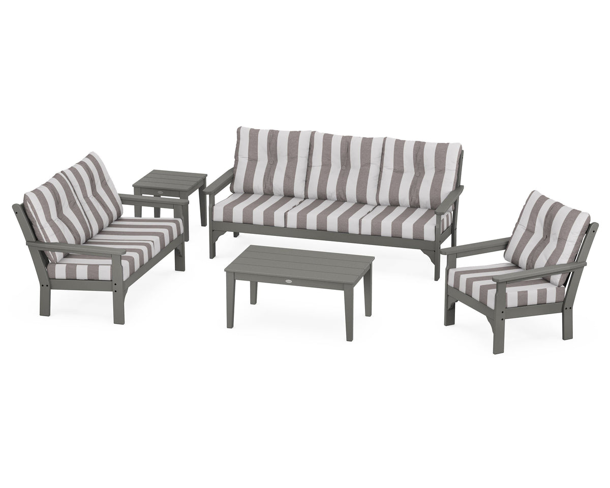 POLYWOOD Vineyard 5-Piece Deep Seating Set with Sofa in Slate Grey / Cabana Stripe Grey Mist