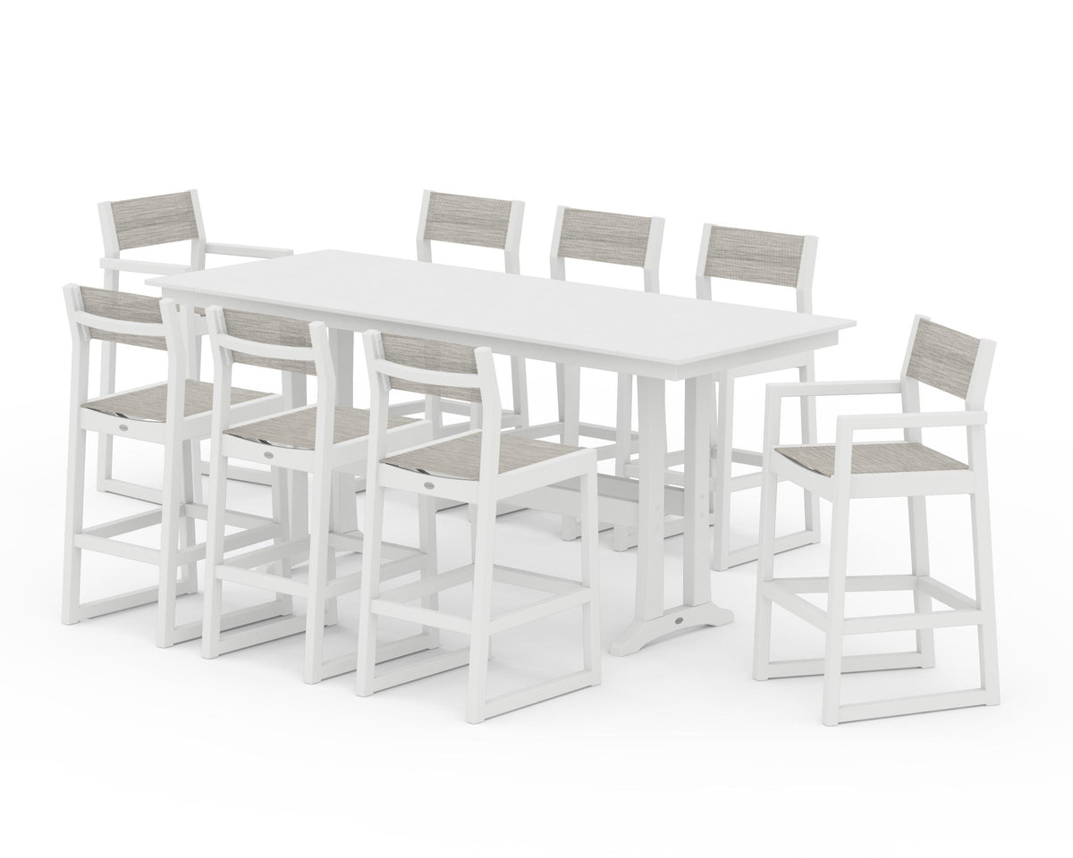 POLYWOOD EDGE Sling 9-Piece Farmhouse Bar Set with Trestle Legs in White / Birch