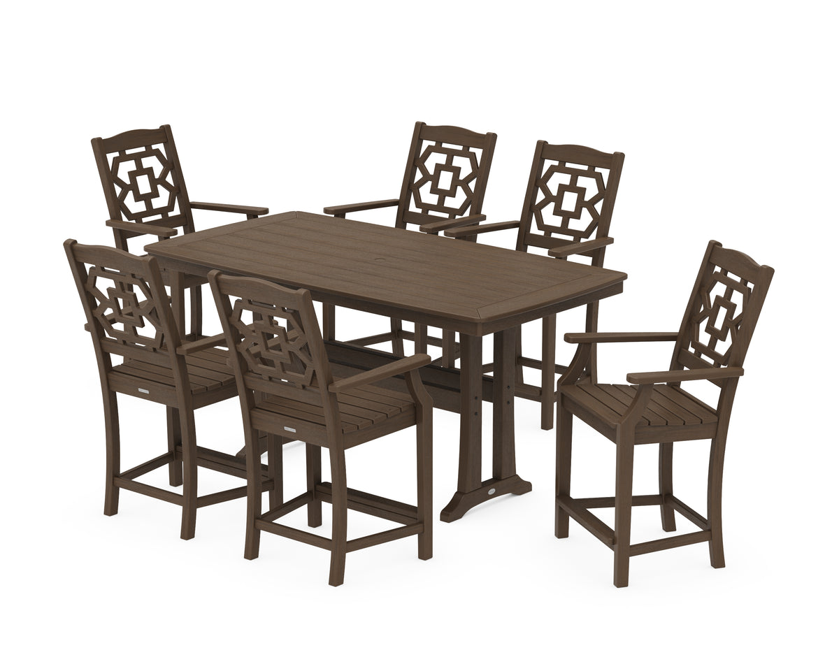 POLYWOOD Chinoiserie Arm Chair 7-Piece Counter Set with Trestle Legs in Kona
