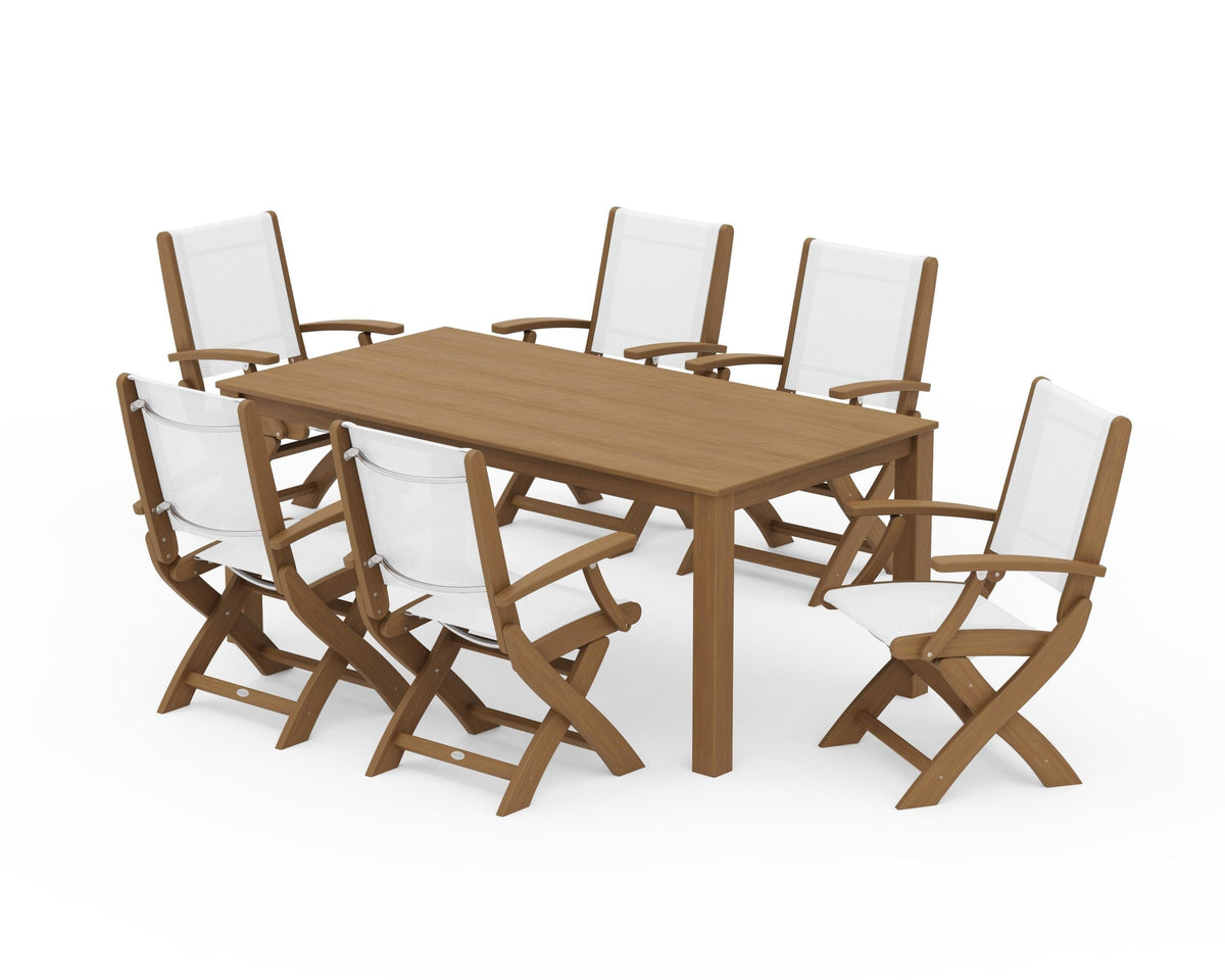 POLYWOOD Coastal Folding Chair 7-Piece Parsons Dining Set in Natural / White