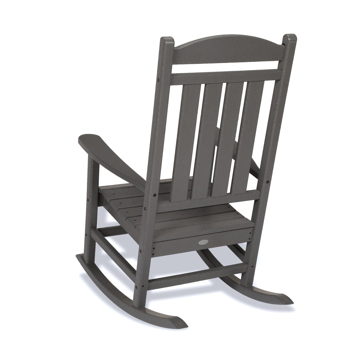 Angled view of the POLYWOOD Presidential 3-Piece Rocking Chair Set with 18" South Beach Side Table in Slate Grey