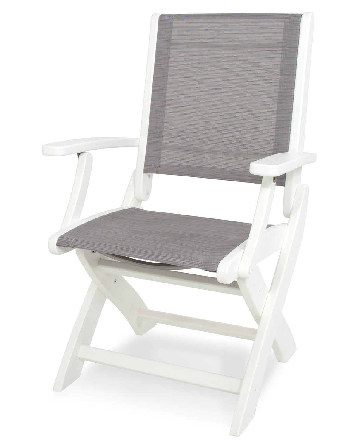 POLYWOOD Coastal Folding Chair in White with White arms and Metallic sling