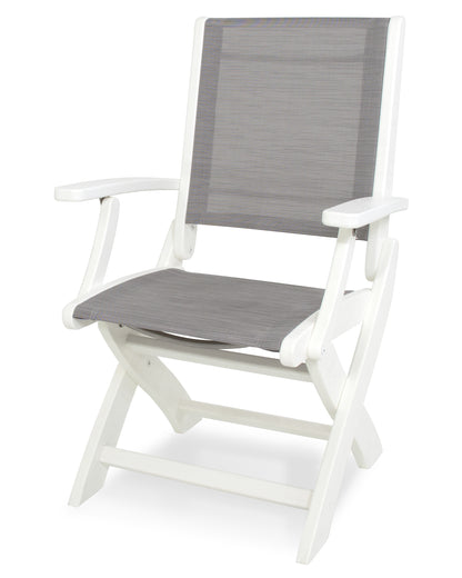 POLYWOOD Coastal Folding Chair in White with White arms and Metallic sling
