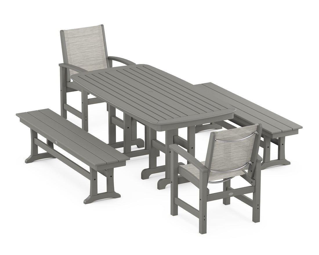 POLYWOOD Coastal 5-Piece Dining Set with Nautical 37" x 72" Dining Table in Slate Grey / Birch