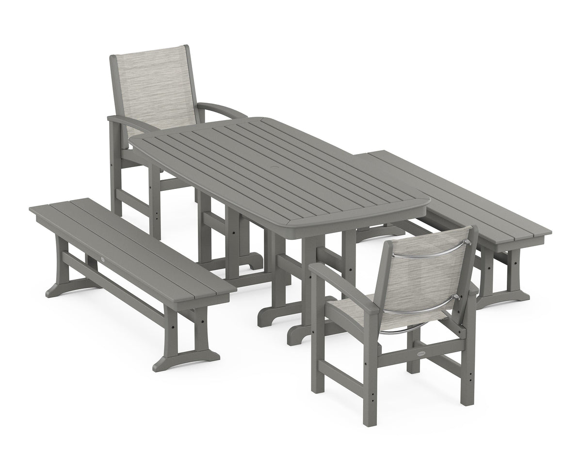 POLYWOOD Coastal 5-Piece Dining Set with Nautical 37" x 72" Dining Table in Slate Grey / Birch