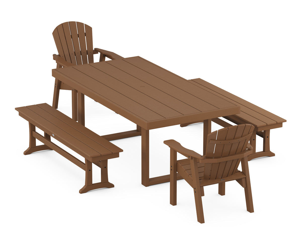 POLYWOOD Seashell 5-Piece Dining Set with Benches - 40" x 78" Table in Teak