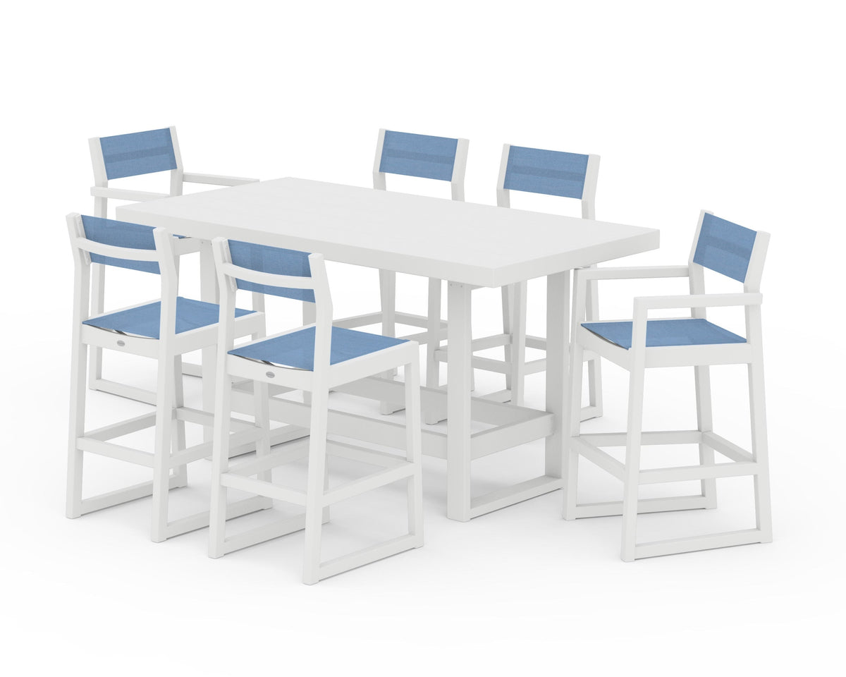 POLYWOOD EDGE Sling 7-Piece Bar Table Set in White / Poolside