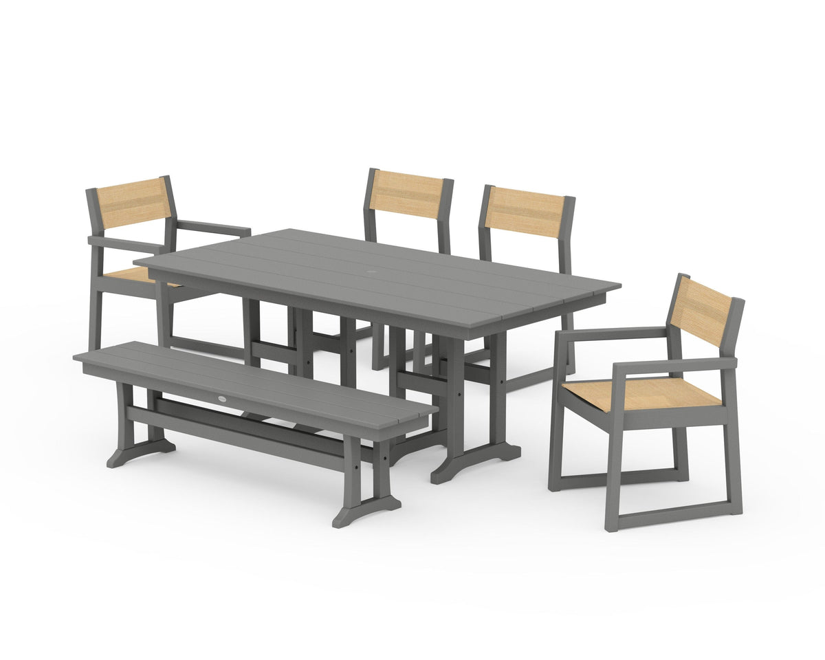 POLYWOOD EDGE Sling 6-Piece Farmhouse Dining Set in Slate Grey / Dupioni Apricot