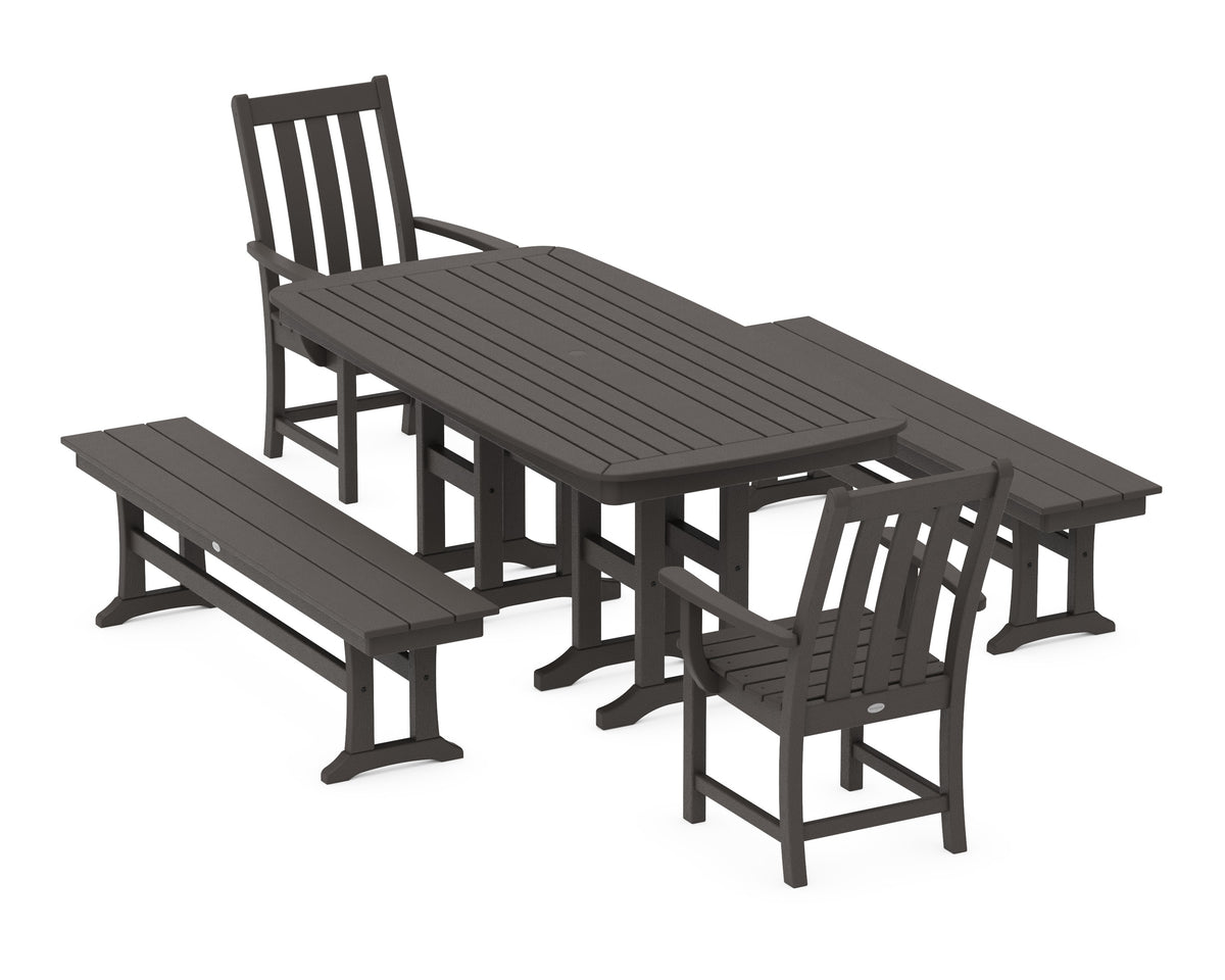 POLYWOOD Vineyard 5-Piece Dining Set with Benches - 37" x 72" Table in Vintage Coffee