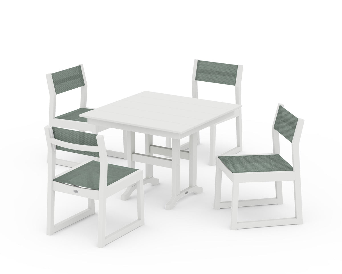 POLYWOOD EDGE Sling Side Chair 5-Piece Farmhouse Dining Set in Vintage White / Dupioni Sea Mist