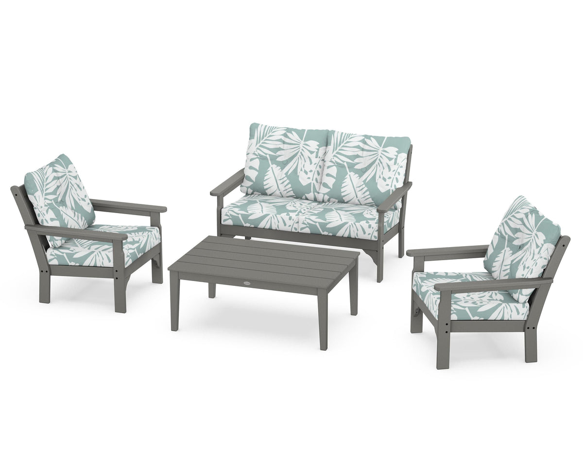 POLYWOOD Vineyard 4-Piece Deep Seating Set with Two Chairs and Loveseat in Slate Grey / Leaf Glacier Spa
