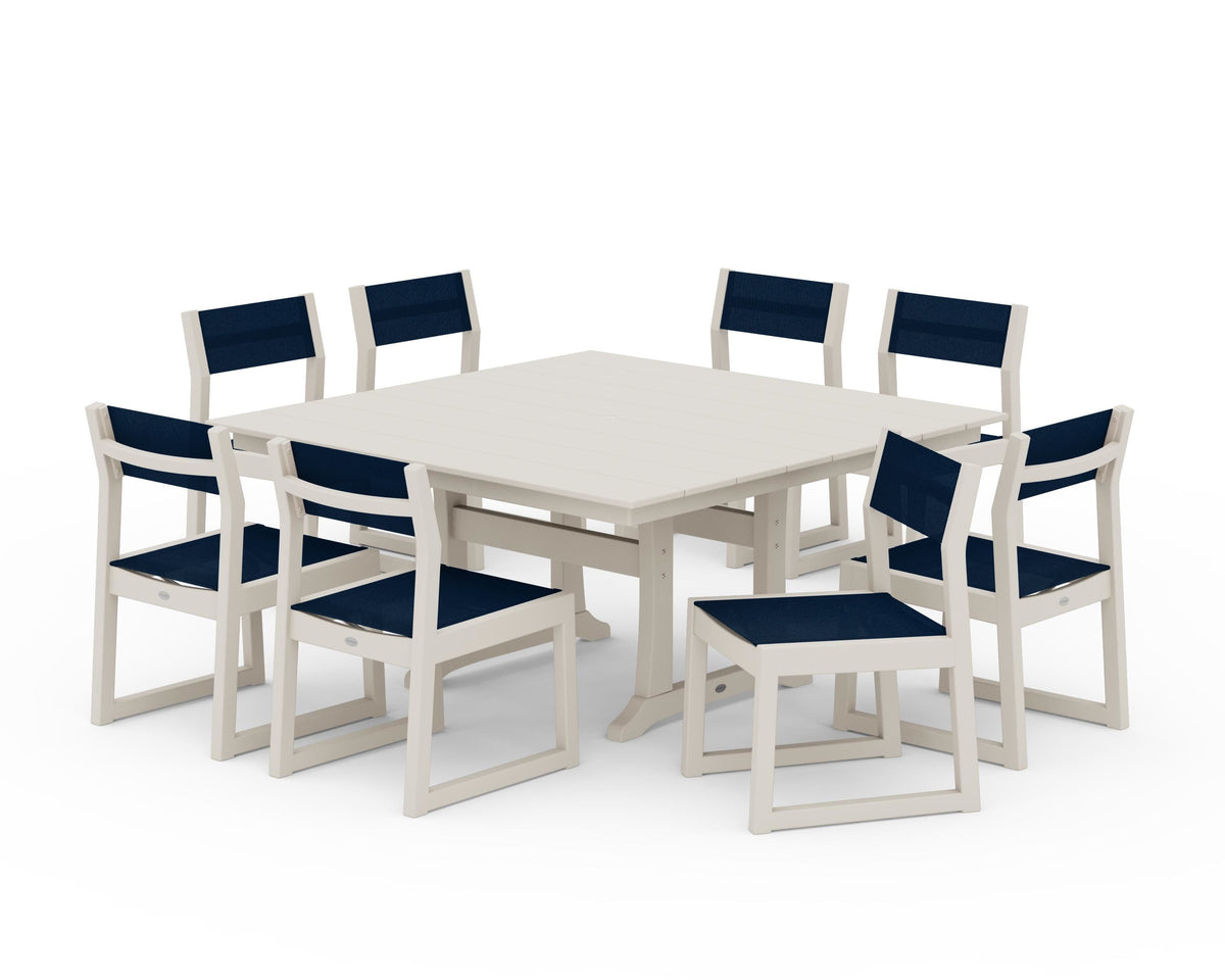 POLYWOOD EDGE Sling Side Chair 9-Piece Farmhouse Trestle Dining Set in Sand / Navy Blue