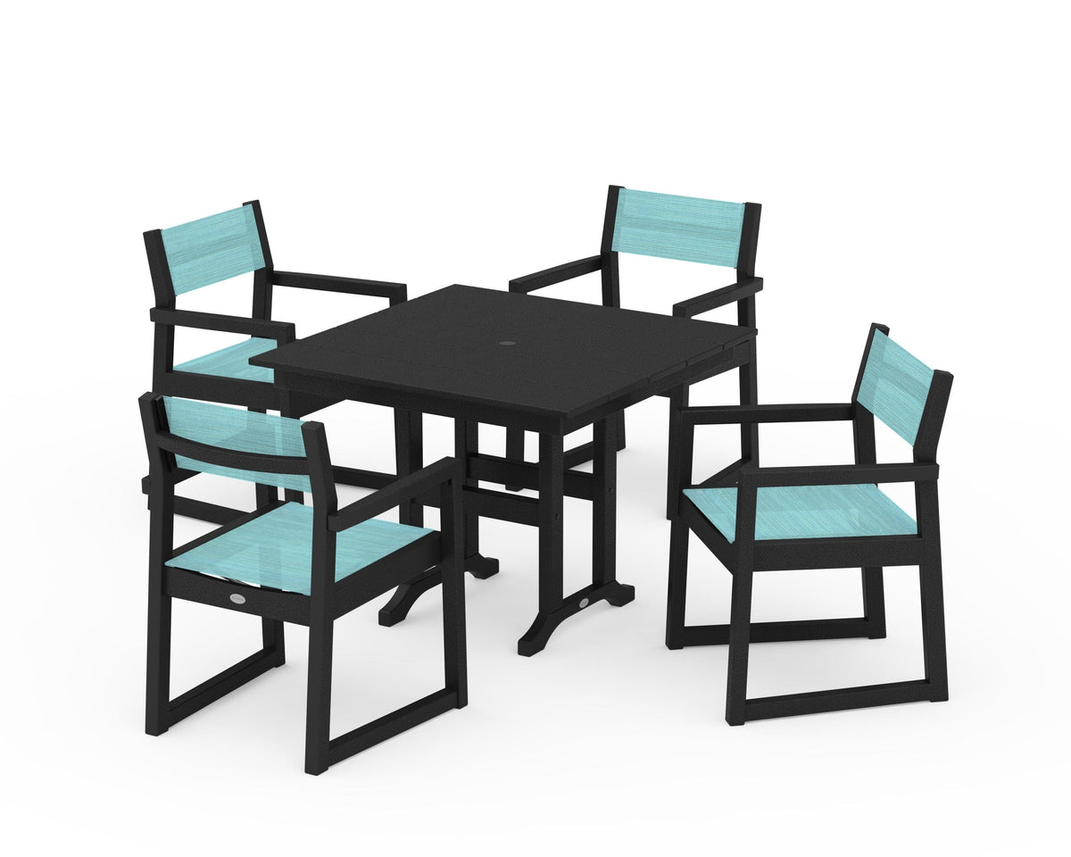POLYWOOD EDGE Sling Arm Chair 5-Piece Farmhouse Dining Set in Black / Dupioni Aquamarine