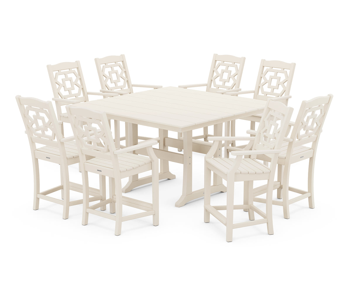 POLYWOOD Chinoiserie 9-Piece Square Farmhouse Counter Set with Trestle Legs in Sand