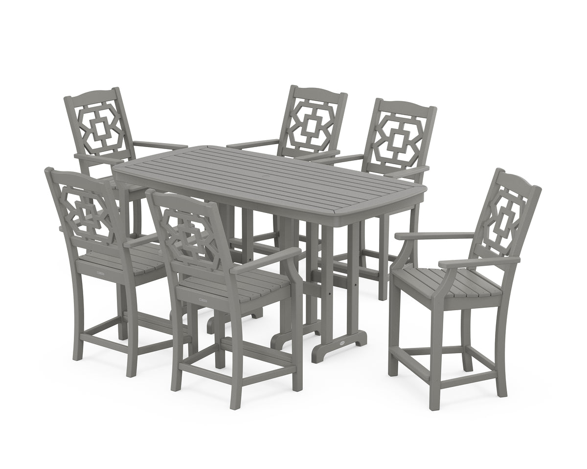 POLYWOOD Chinoiserie Arm Chair 7-Piece Counter Set in Slate Grey