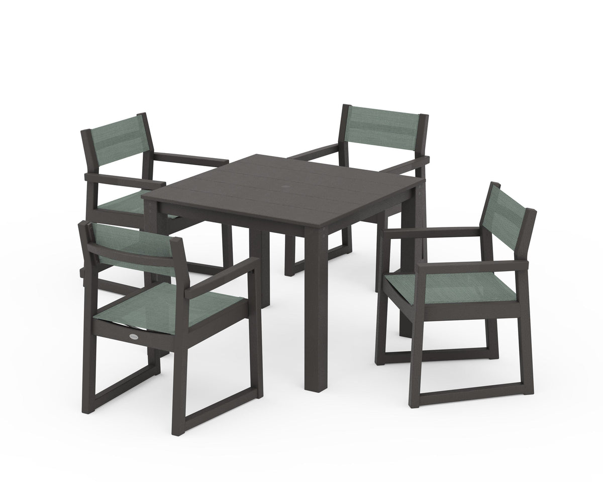 POLYWOOD EDGE Sling Arm Chair 5-Piece Parsons Dining Set in Vintage Coffee / Dupioni Sea Mist