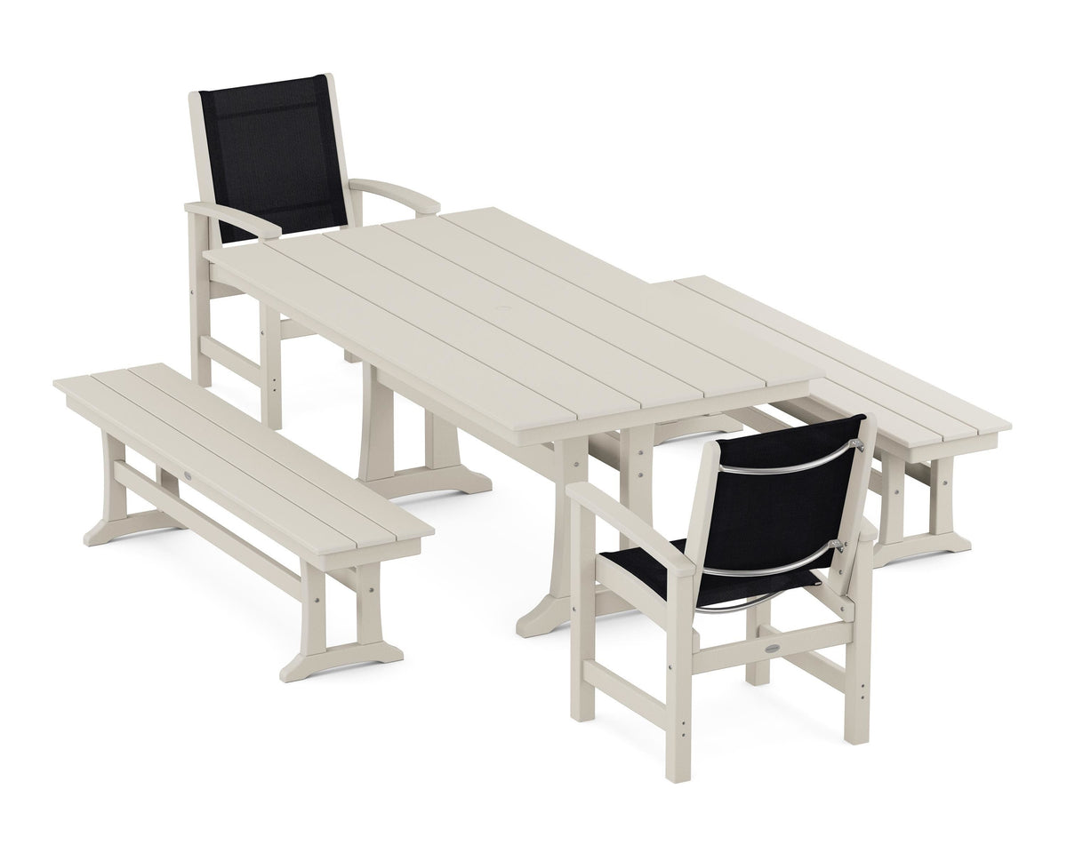 POLYWOOD Coastal 5-Piece Farmhouse Dining Set with Trestle Legs and Benches in Sand / Black