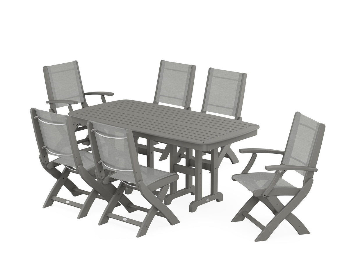 POLYWOOD Coastal Folding Chair 7-Piece Dining Set in Slate Grey / Metallic