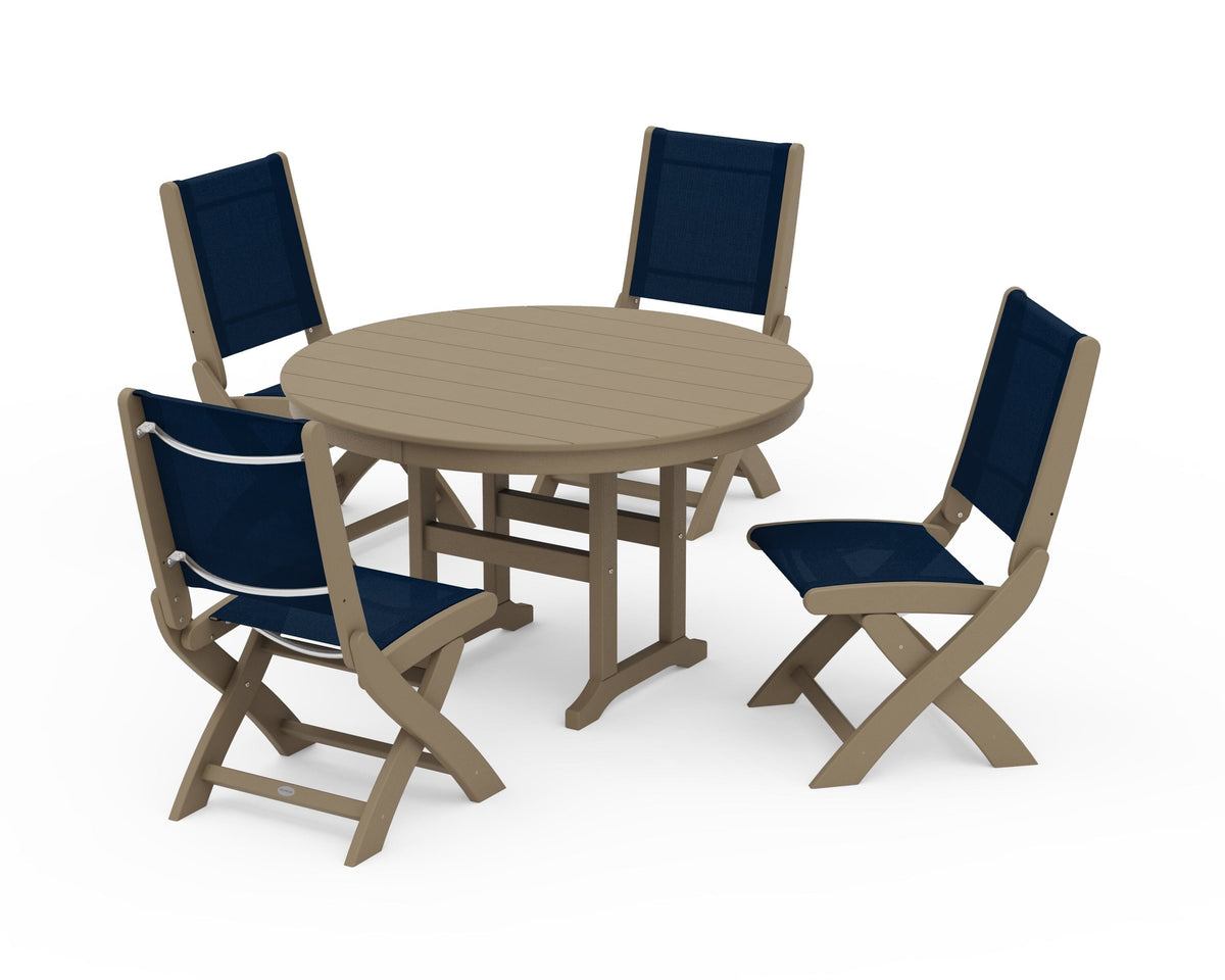 POLYWOOD Coastal Folding Side Chair 5-Piece Round Dining Set in Vintage Sahara / Navy Blue