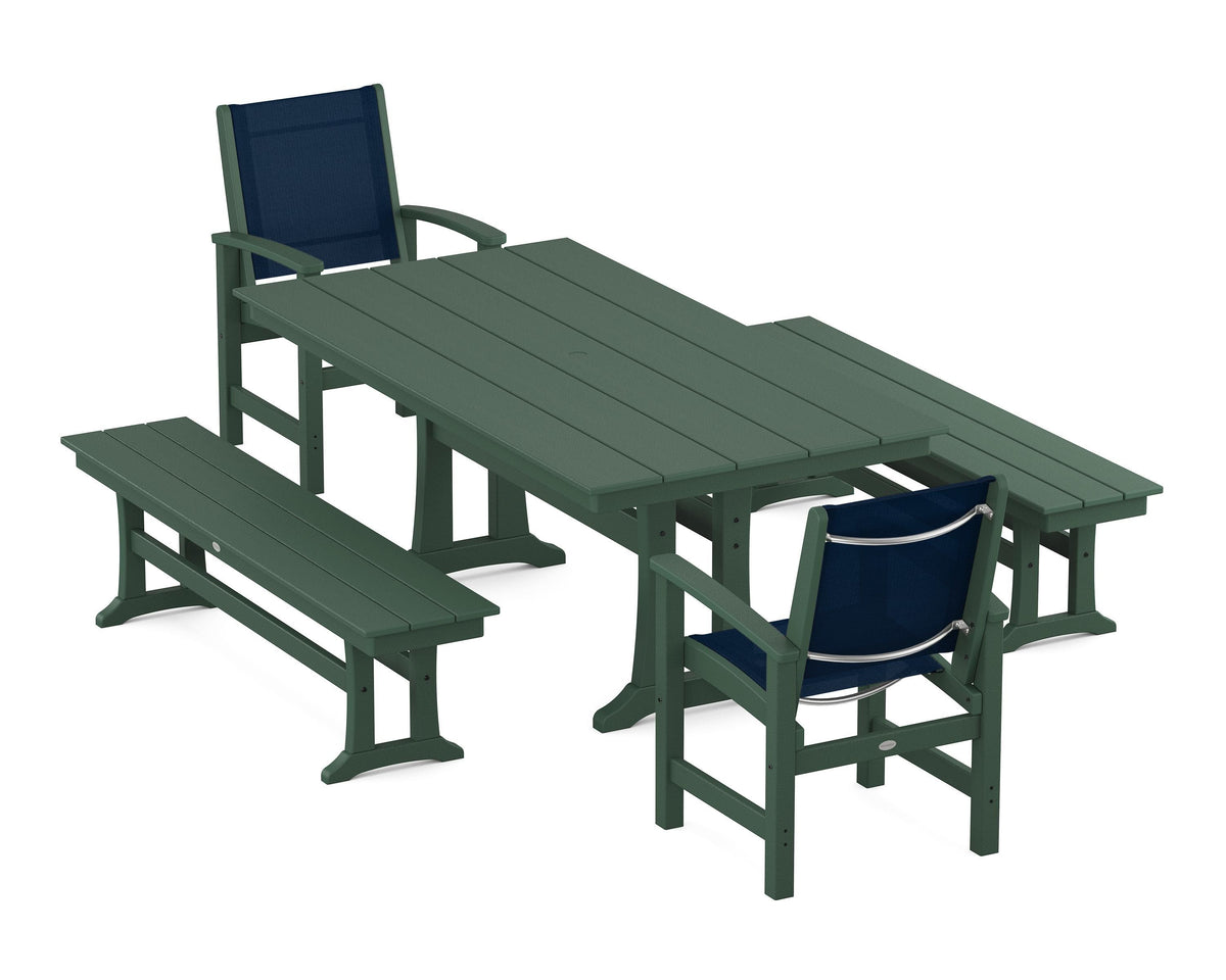 POLYWOOD Coastal 5-Piece Farmhouse Dining Set with Trestle Legs and Benches in Green / Navy Blue