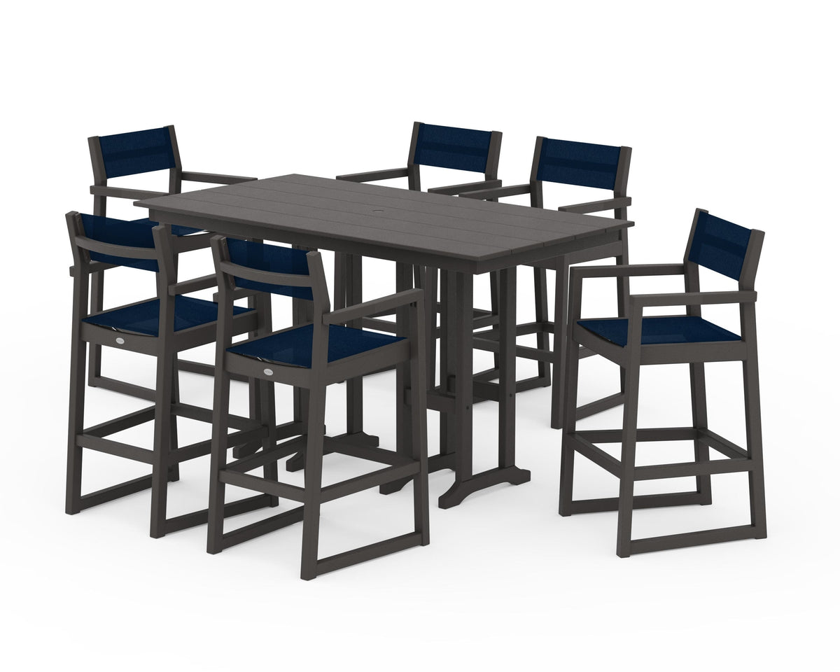 POLYWOOD EDGE Sling Arm Chair 7-Piece Farmhouse Bar Set in Vintage Coffee / Navy Blue