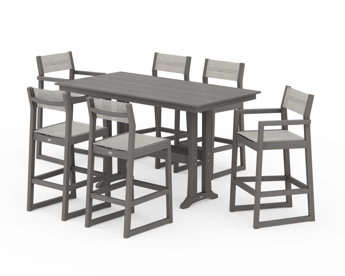 POLYWOOD EDGE Sling 7-Piece Farmhouse Bar Set with Trestle Legs in Driftwood / Birch