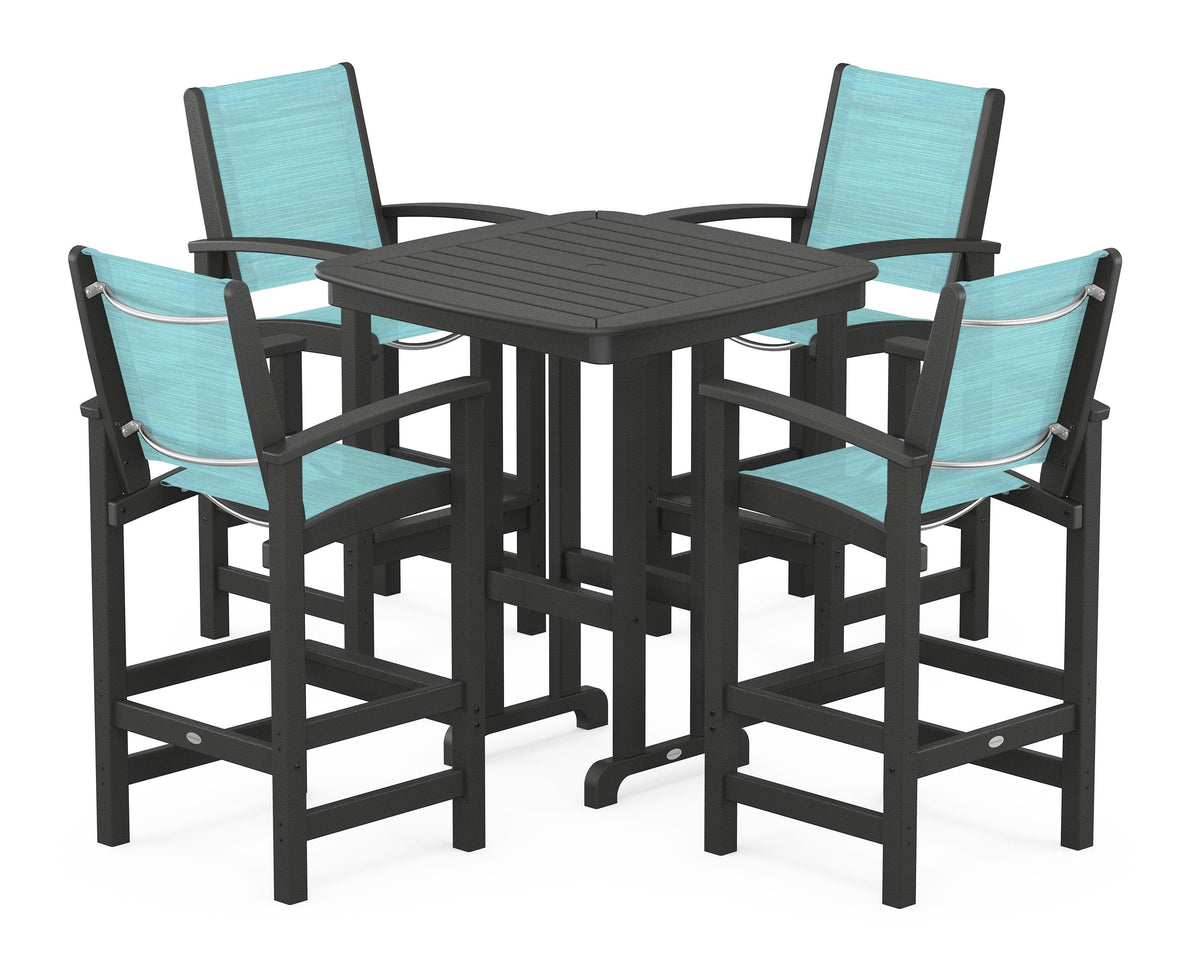 POLYWOOD Coastal 5-Piece Bar Set in Black / Dupioni Aquamarine