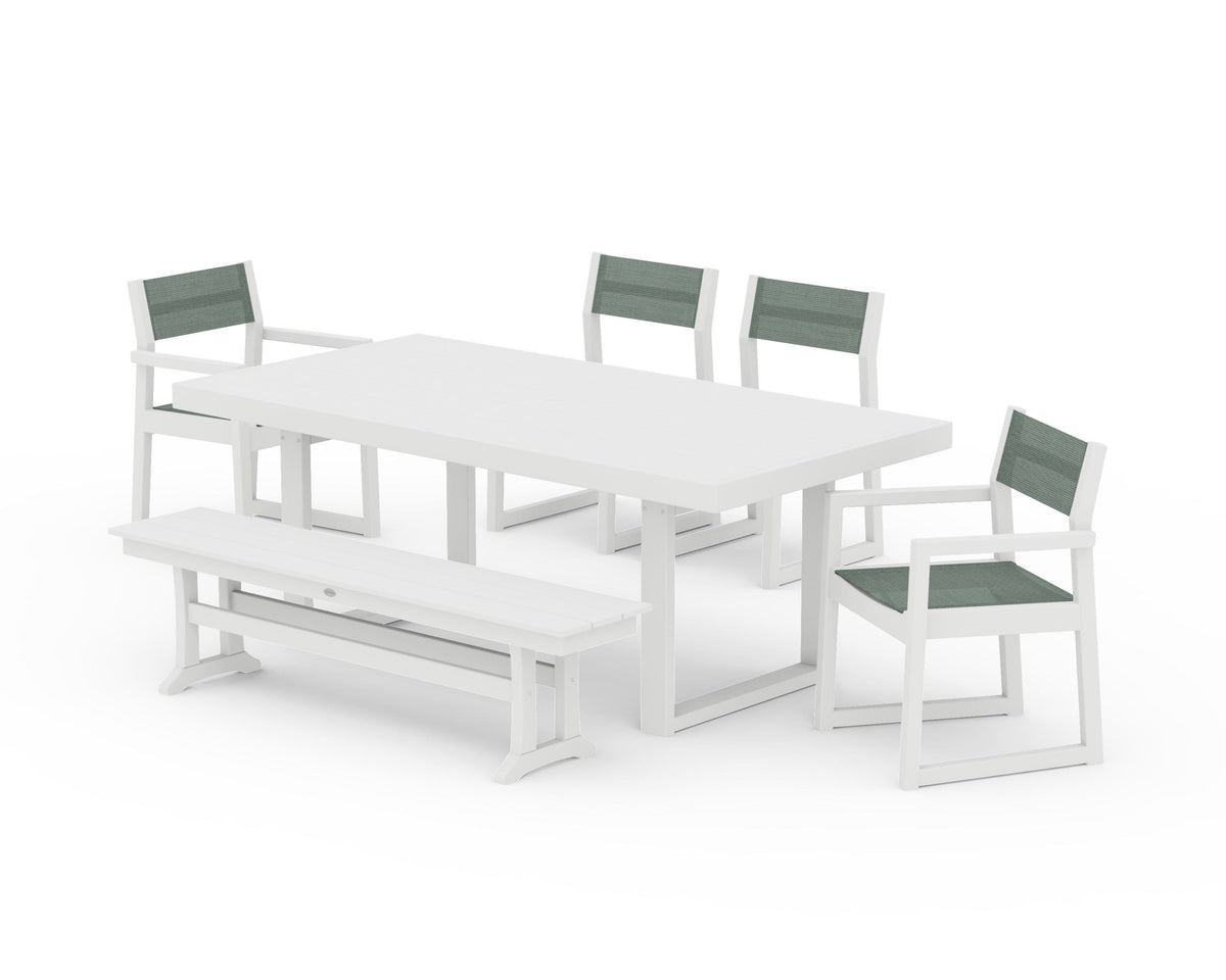 POLYWOOD EDGE Sling 6-Piece Dining Set with Bench in White / Dupioni Sea Mist