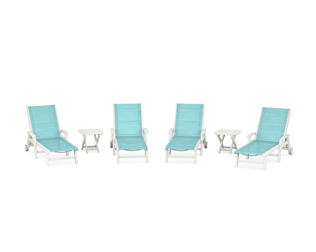 POLYWOOD Coastal Chaise 6-Piece Set with Wheels in Vintage White / Dupioni Aquamarine