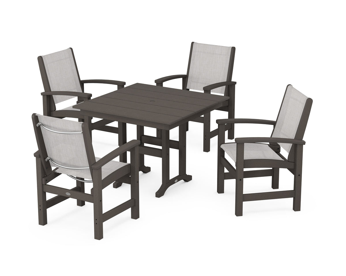 POLYWOOD Coastal 5-Piece Farmhouse Dining Set with Farmhouse 37" Dining Table in Vintage Coffee / Parchment