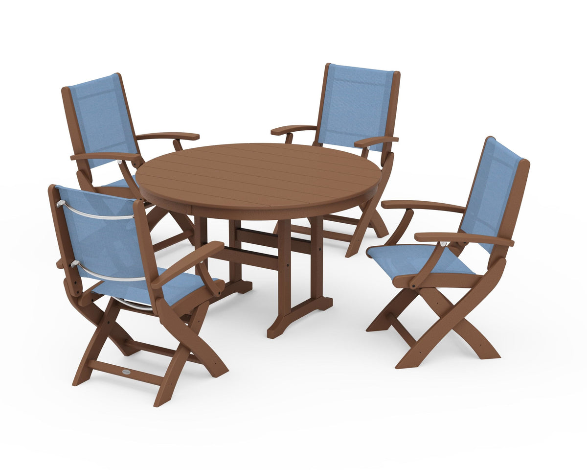 POLYWOOD Coastal Folding Chair 5-Piece Round Dining Set in Teak / Poolside
