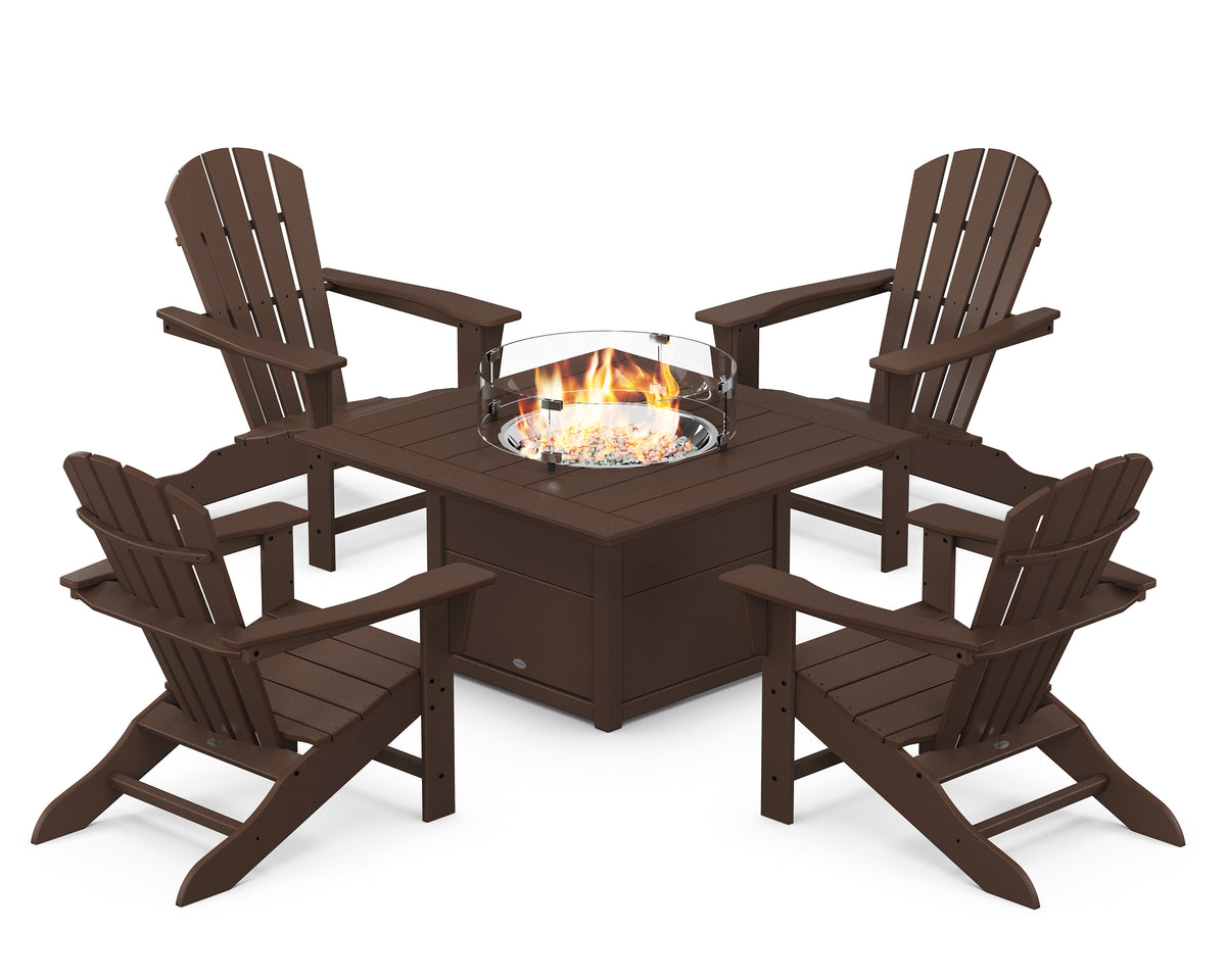 POLYWOOD Palm Coast 5-Piece Adirondack Chair Conversation Set with Fire Pit Table in Mahogany