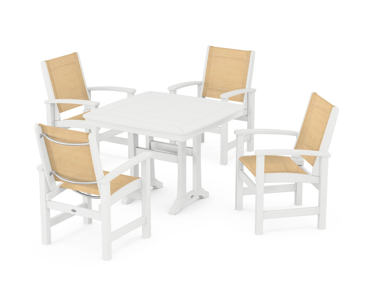 POLYWOOD Coastal 5-Piece Dining Set with Trestle Legs with Nautical Trestle 37" Dining Table in White / Dupioni Apricot