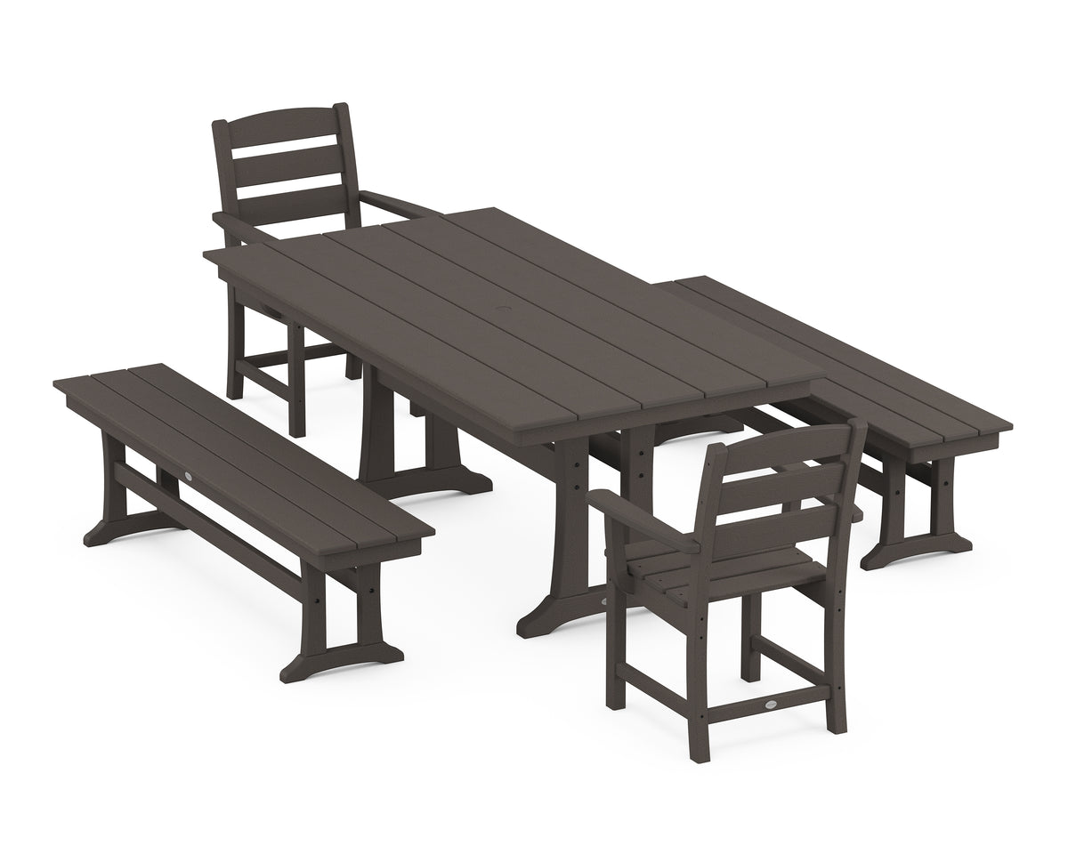 POLYWOOD Lakeside 5-Piece Farmhouse Dining Set with Trestle Legs in Vintage Coffee