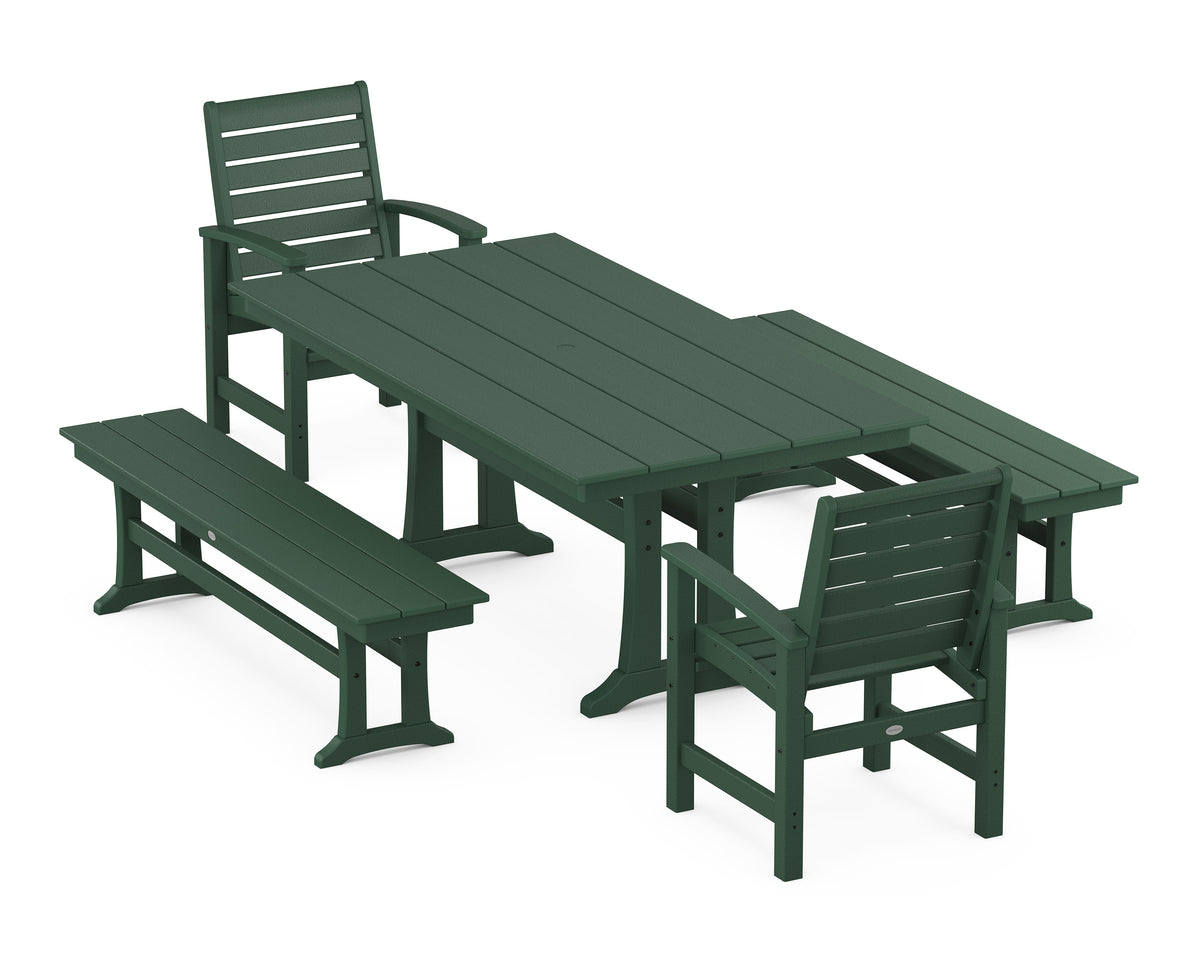 POLYWOOD Signature 5-Piece Farmhouse Dining Set with Trestle Legs - 37" x 72" Table in Green