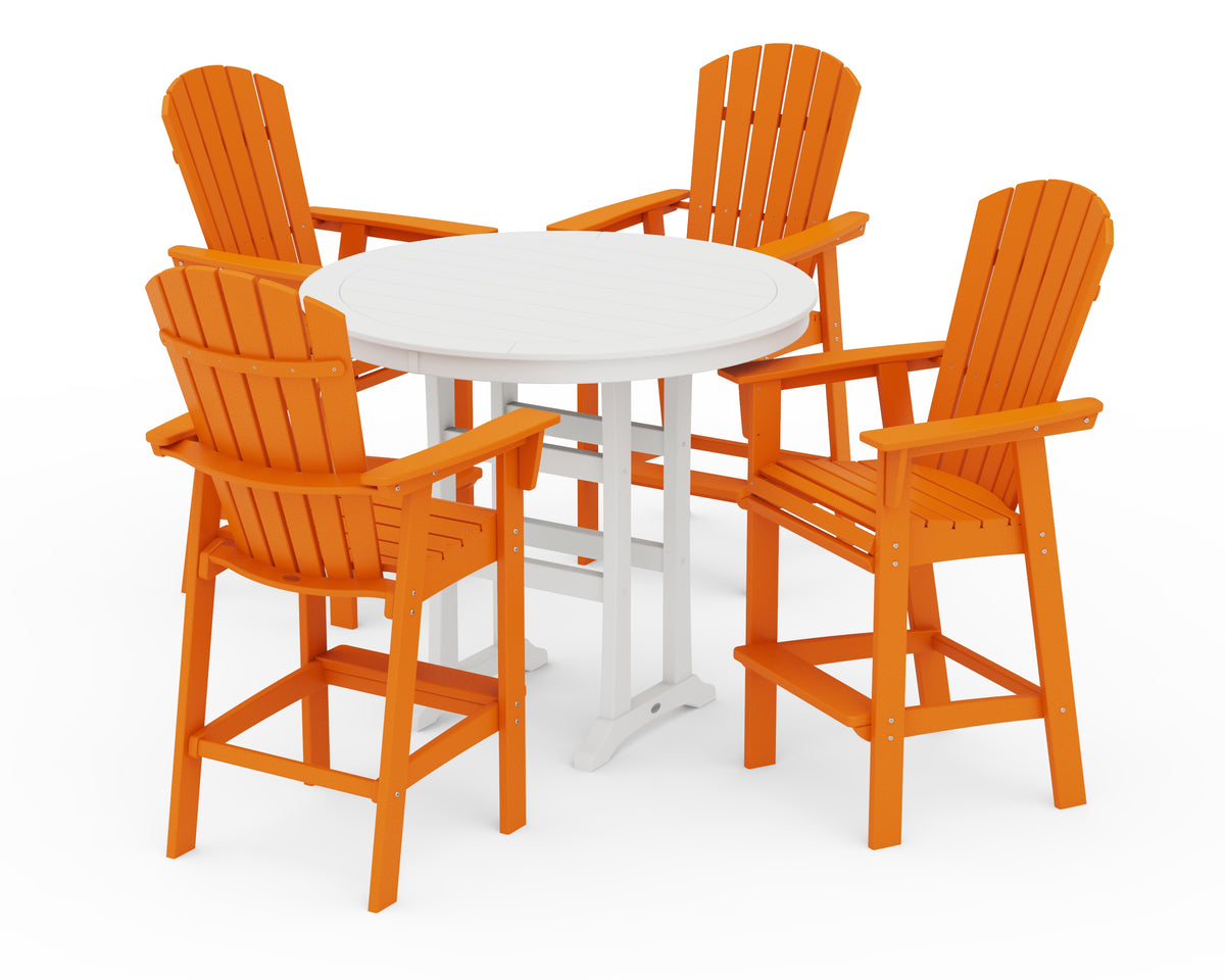 POLYWOOD Nautical Curveback Adirondack 5-Piece Round Trestle Bar Set in Tangerine / White