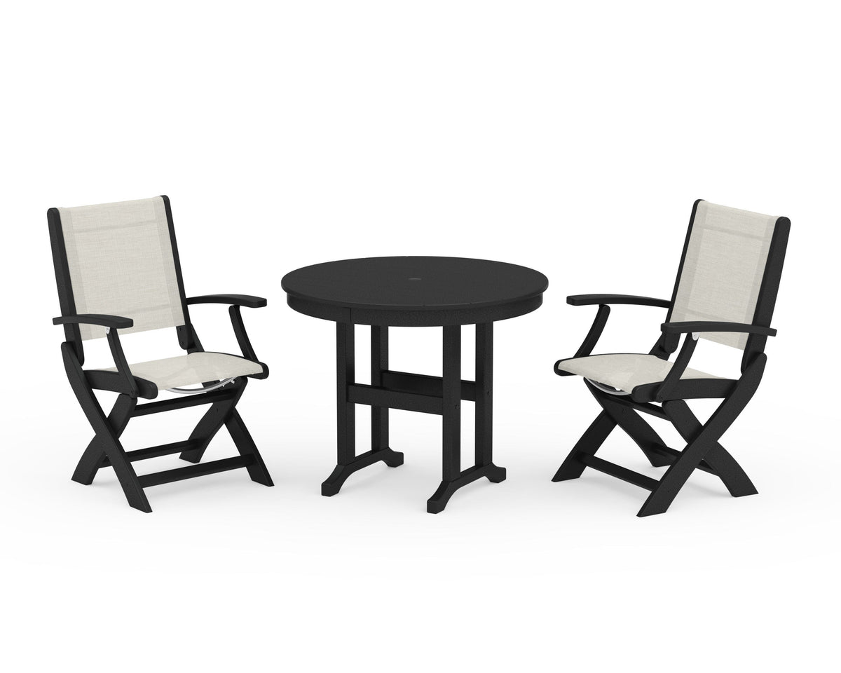 POLYWOOD Coastal Folding Chair 3-Piece Round Dining Set in Black / Parchment