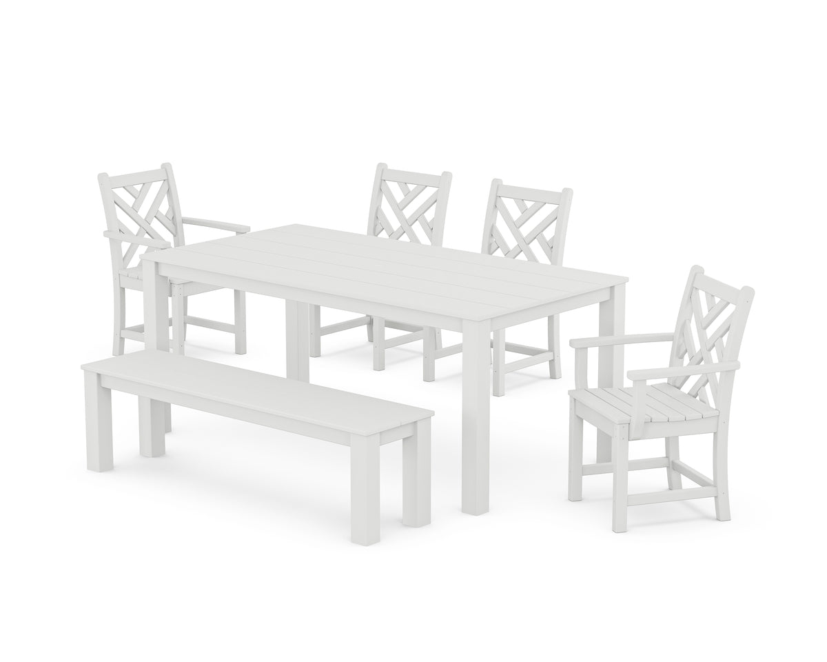 POLYWOOD Chippendale 6-Piece Parsons Dining Set with Bench with Chippendale Dining Side Chair in White