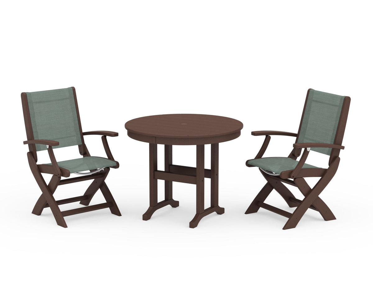POLYWOOD Coastal Folding Chair 3-Piece Round Dining Set in Mahogany / Dupioni Sea Mist