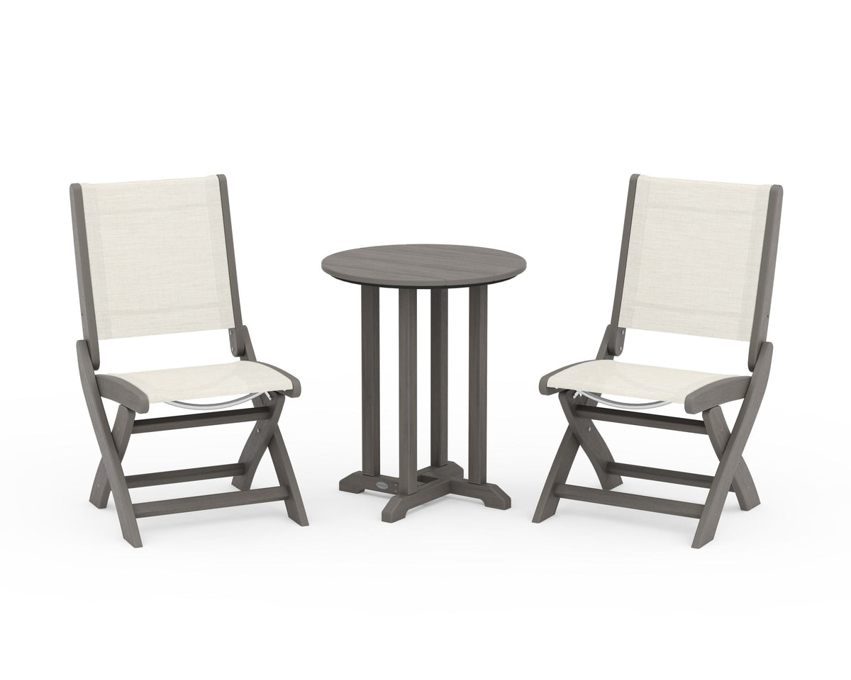 POLYWOOD Coastal Folding Side Chair 3-Piece Round Bistro Dining Set in Driftwood / Parchment