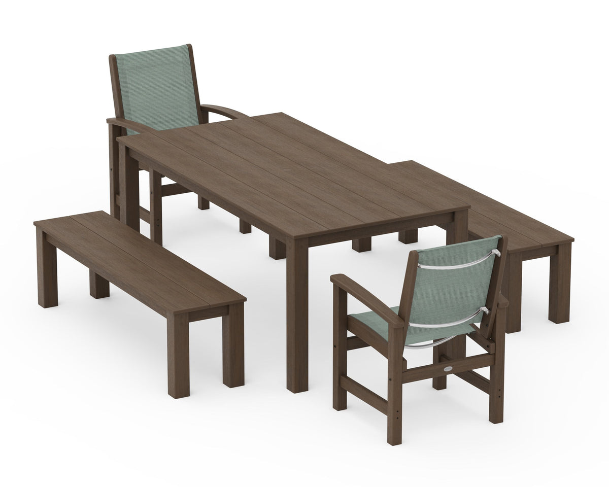 POLYWOOD Coastal 5-Piece Parsons Dining Set with Benches in Kona / Dupioni Sea Mist