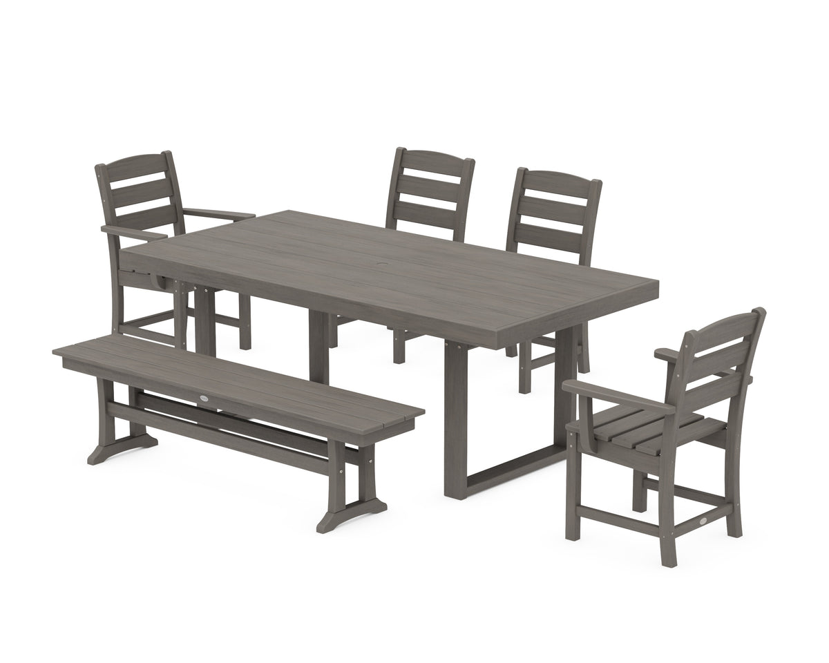 POLYWOOD Lakeside 6-Piece Dining Set with Bench - 39" x 78" Table in Driftwood